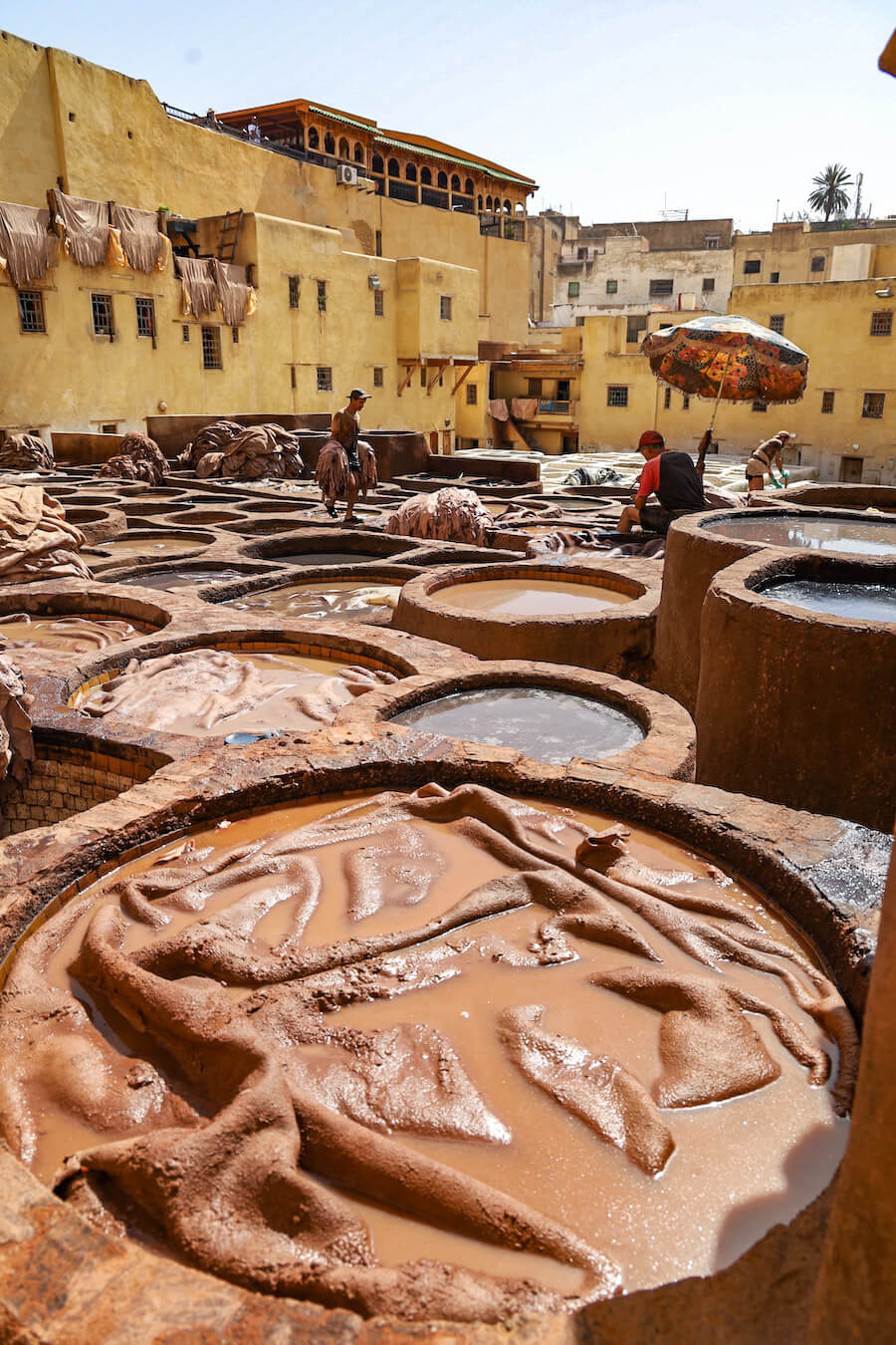 A close up of the tanning vats in the infamous leather tannery in Fes Medina - a must see on a road trip of Morocco