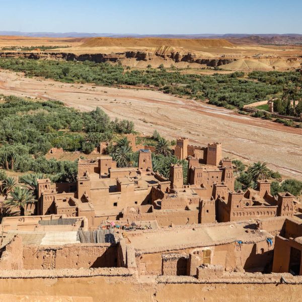 Views from the top of the ancient kasbah of Ait Ben Haddou near Ouarzazate in Central Morocco - one of best places to visit on a 10 days itinerary.