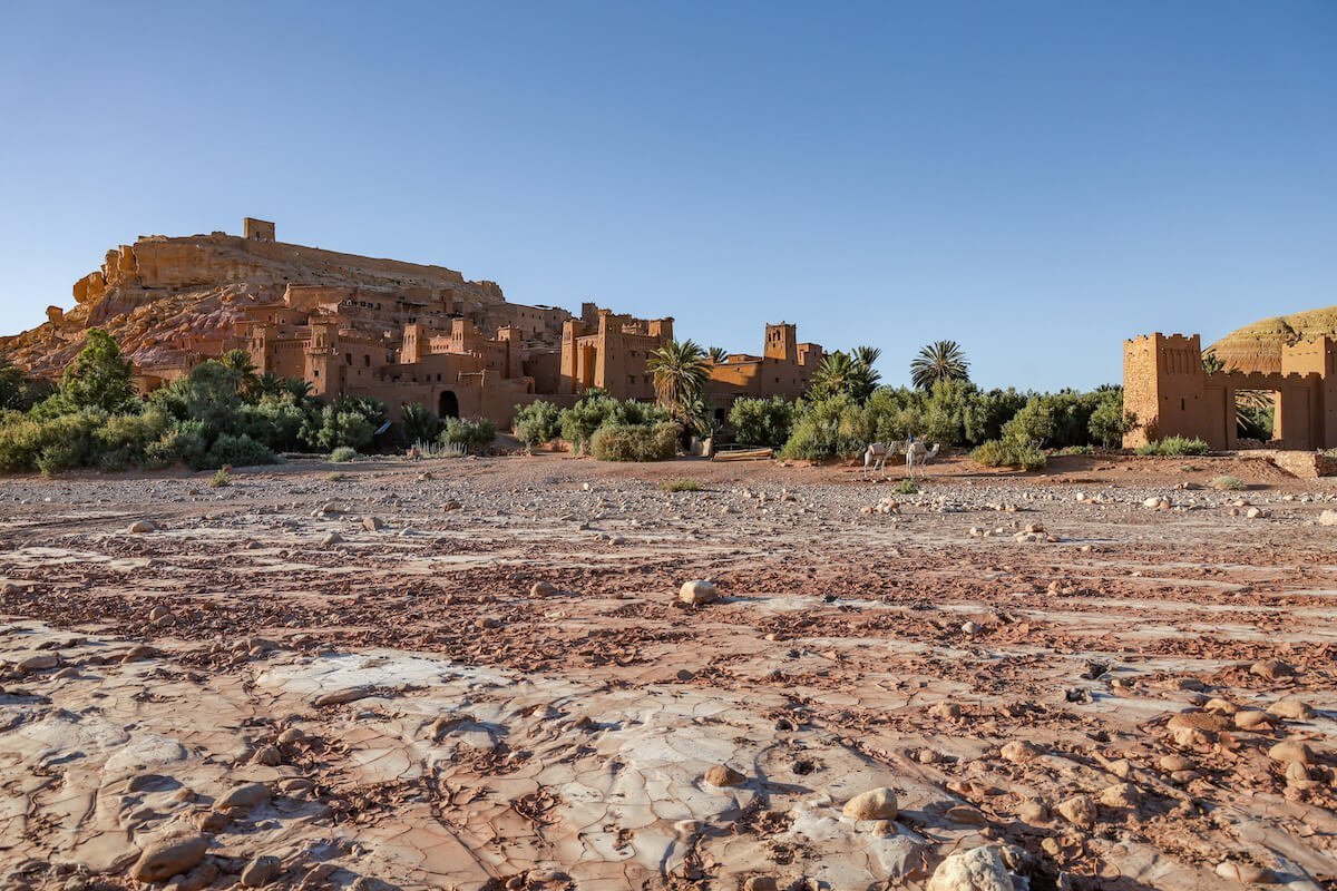 Looking over the dry river bed towards the kasbah Ait Ben Haddou - 10 days itinerary Morocco.
