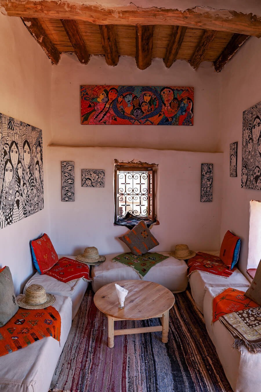 The beautiful sitting area inside a small cafe in Ait Ben Haddou kasbah in Morocco