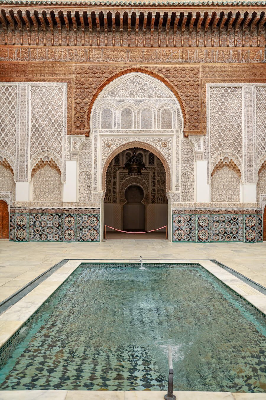 The beautiful water feature in the Ben Youssef Madrasa in Marrakech, Morocco.