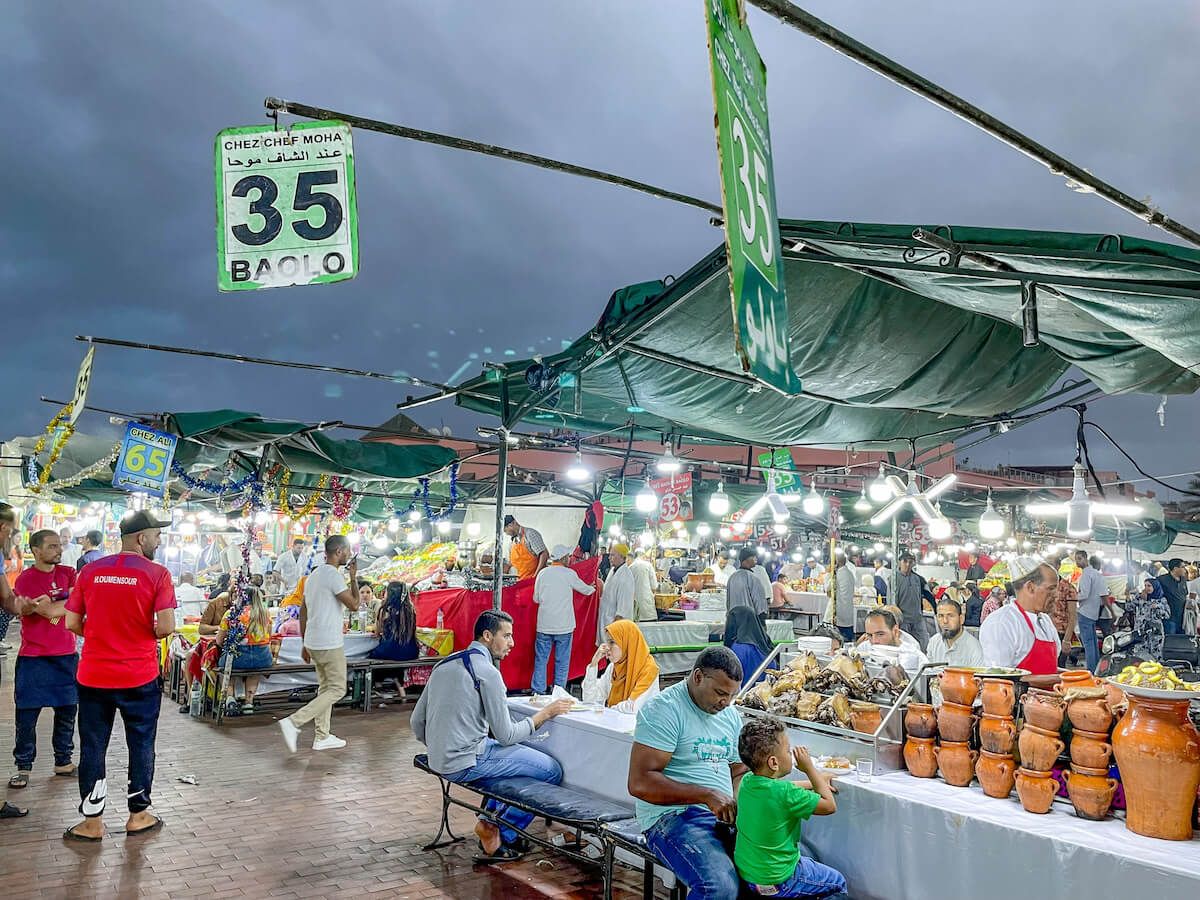 Night time and the dinner vendors in Djemaa el-Fna Square in Marrakech