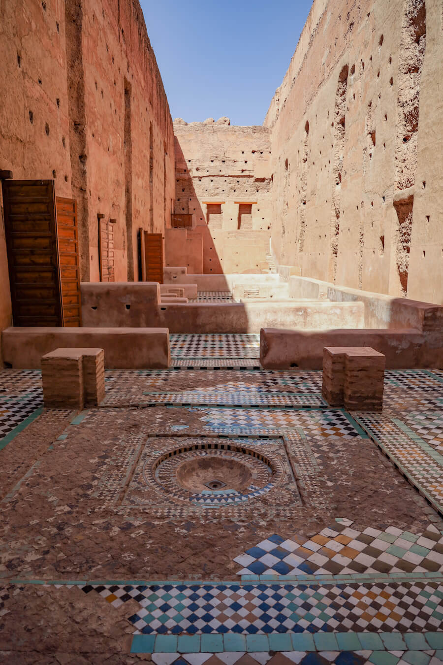 The disintegrating tiles in El-Badi Palace in Marrakech are a peaceful place to visit if looking for a unique 3 days itinerary in Marrakech, Morocco
