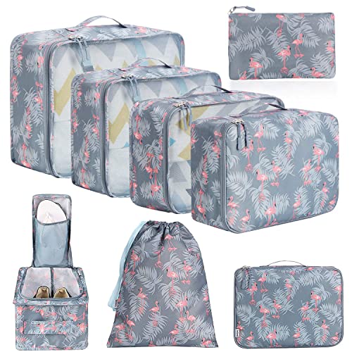 BAGAIL 8 Set Packing Cubes, Lightweight Travel Luggage Organizers with Shoe Bag, Toiletry Bag & Laundry Bag (Red Flamingo)
