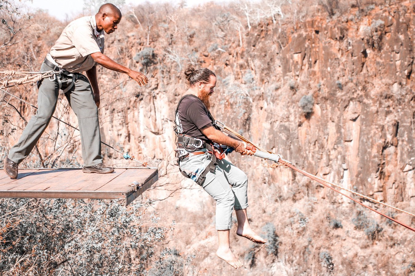 Man takes the Bungy Swing at Victoria Falls.