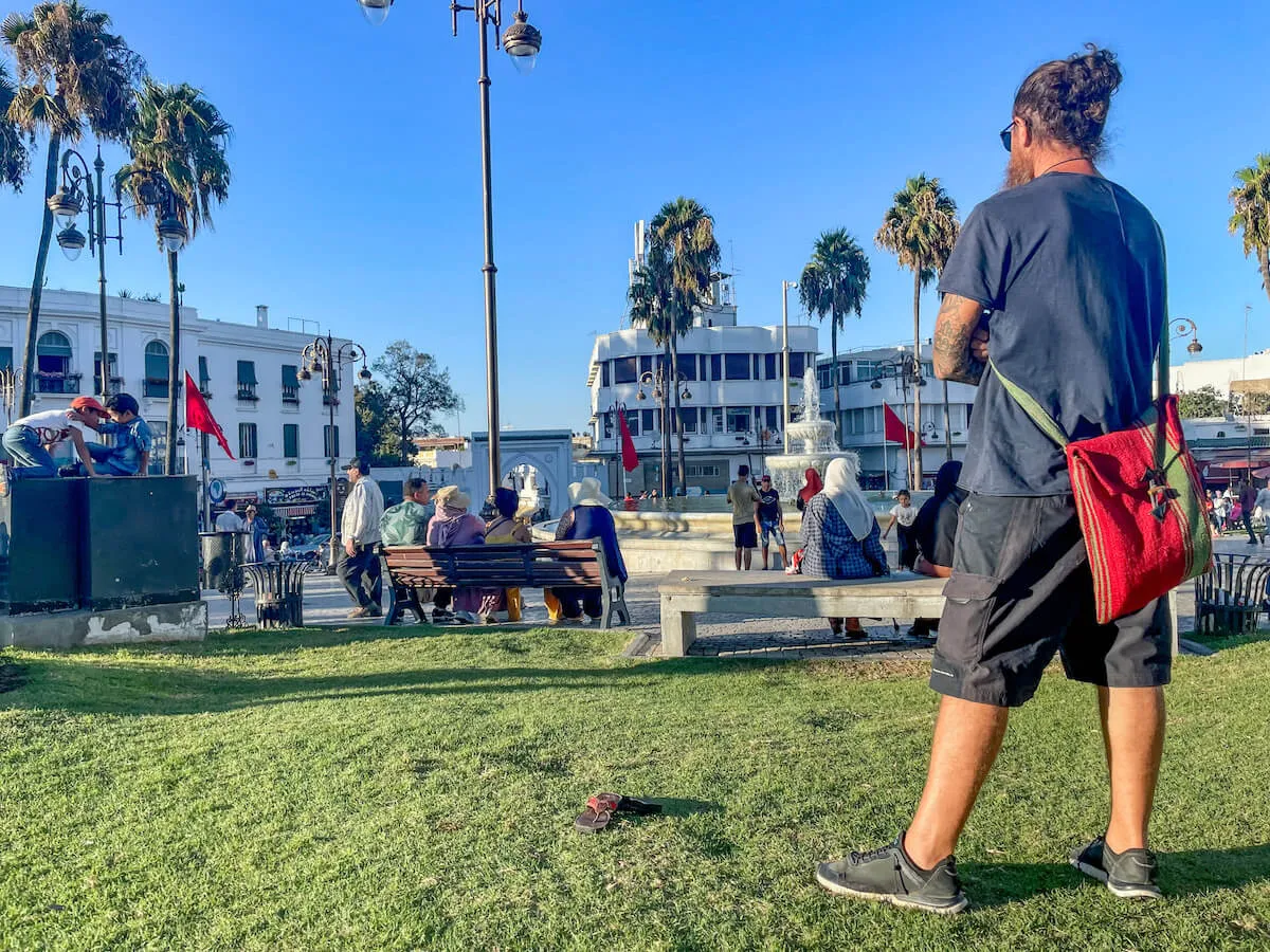 A man overlooks the Grand Socco in Tangier while on a day trip from Tarifa, Spain.