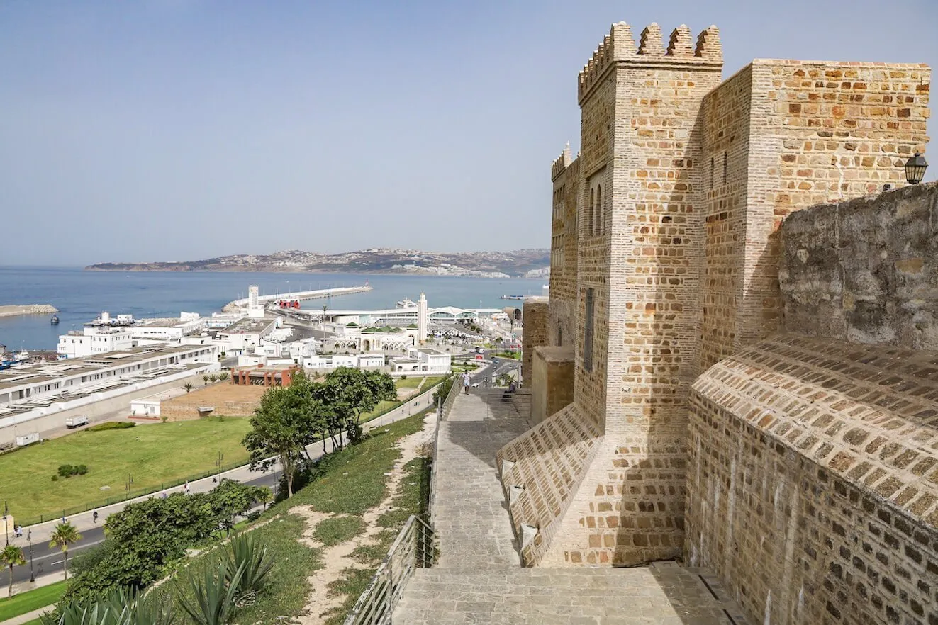 The view from Bab Bahr in Tangier towards the ferry terminal and port, where day trip visitors arrive from Tarifa, Spain to see Morocco.