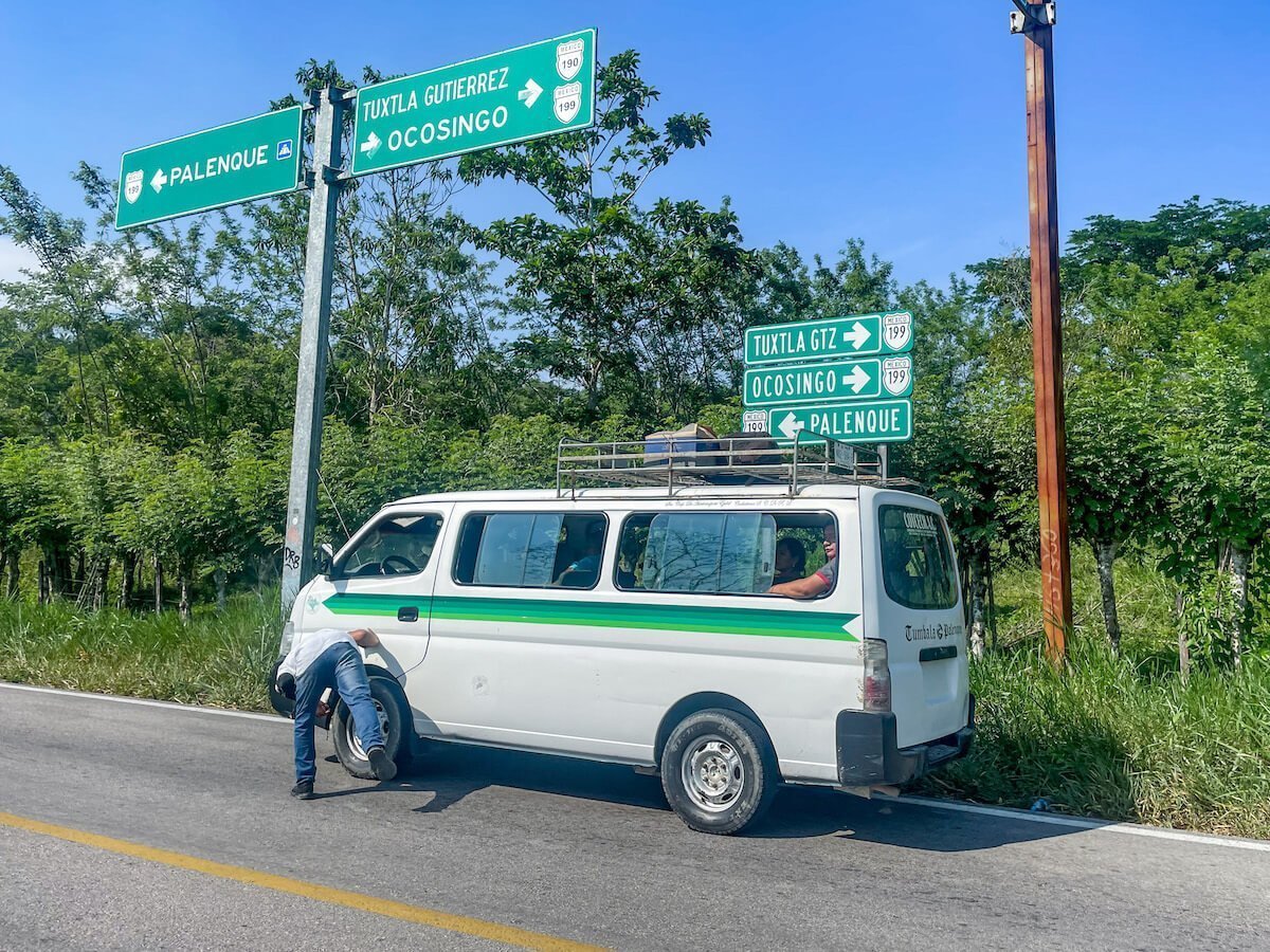 Collective, public transport at the pick up and drop off point at Mishol-Ha Waterfall, Palenque.