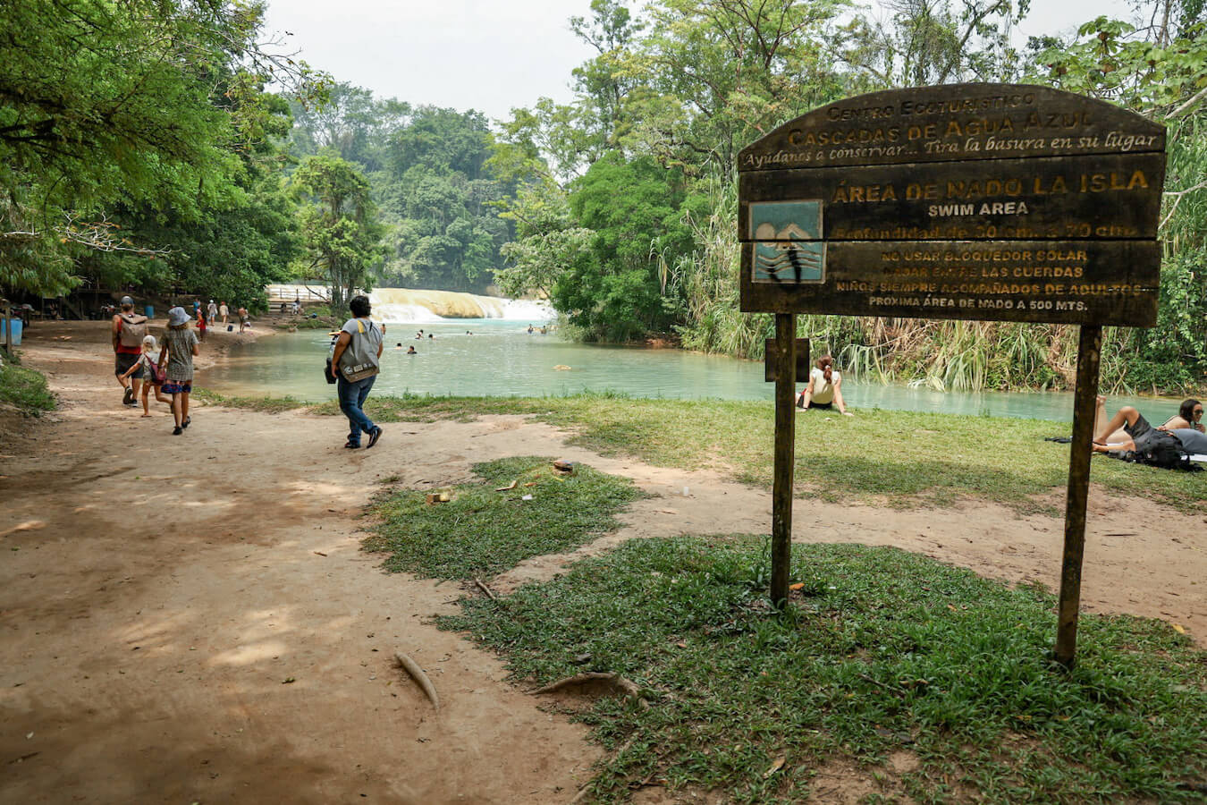 The sign and main swimming area at Agua Azul in Palenque.