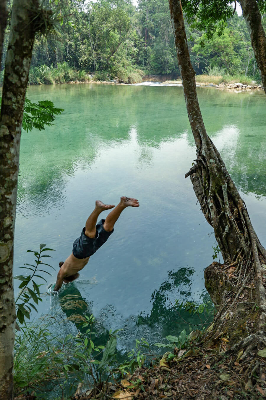 A man diving into a natural pool at Agua Azul, Palenque.