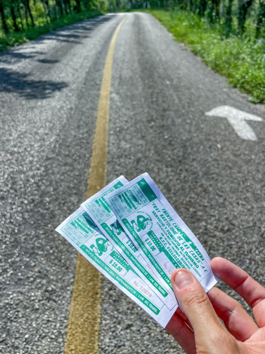 Entrance tickets showing the price of road tax near Palenque