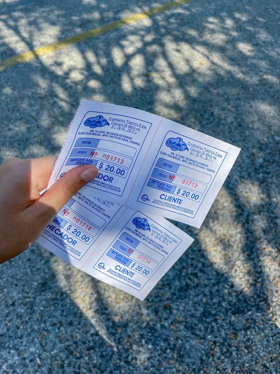 Tickets showing the price of entrance for Misol-Ha waterfall near Palenque