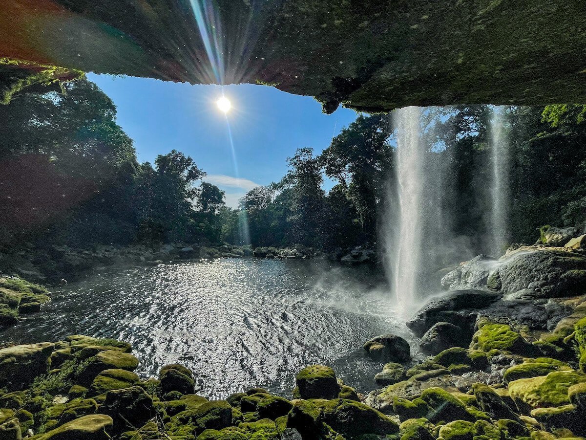 Image from behind the waterfall at Mishol-Ha, looking back over the lagoon.