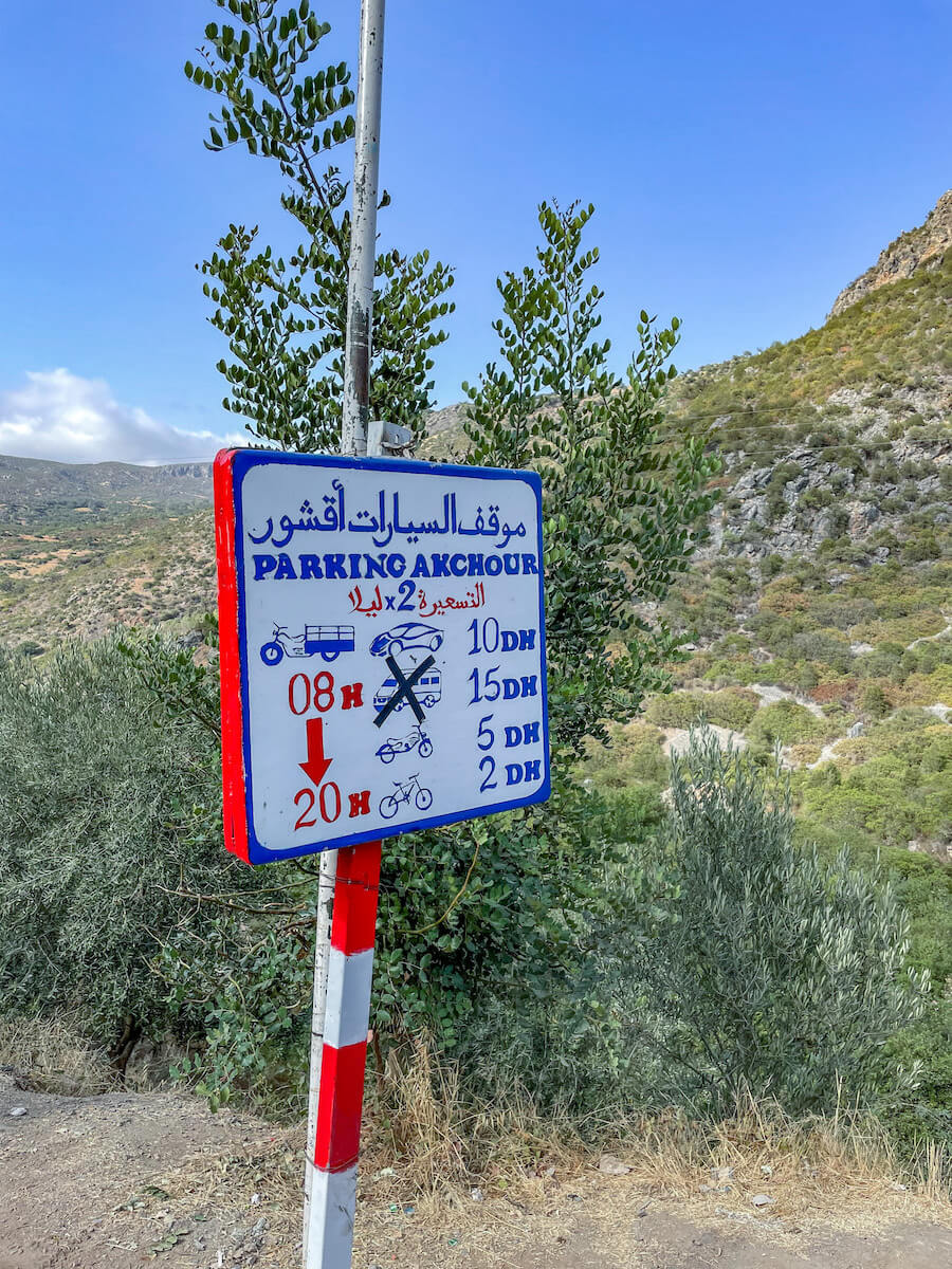 Car parking sign in Akchour for the God's Bridge trail