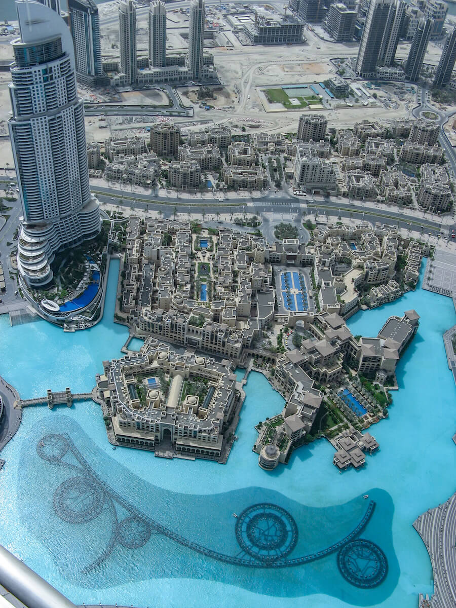 View from the Burj Khalifa towards the Dubai Mall fountain during the day