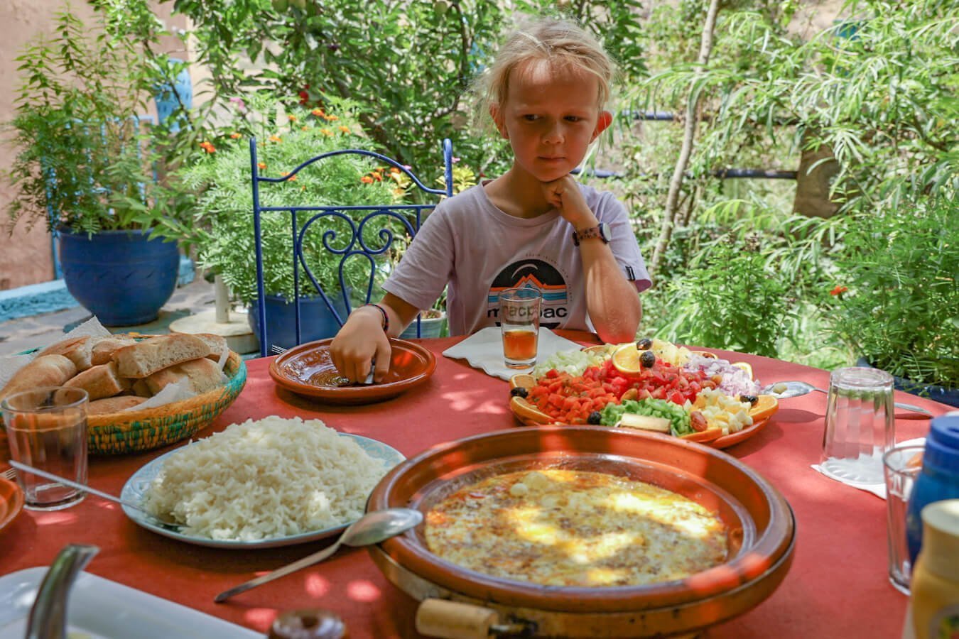 Omelette tagine served at a guest house table in the village of Aroumd in the Atlas Mountain range in Morocco