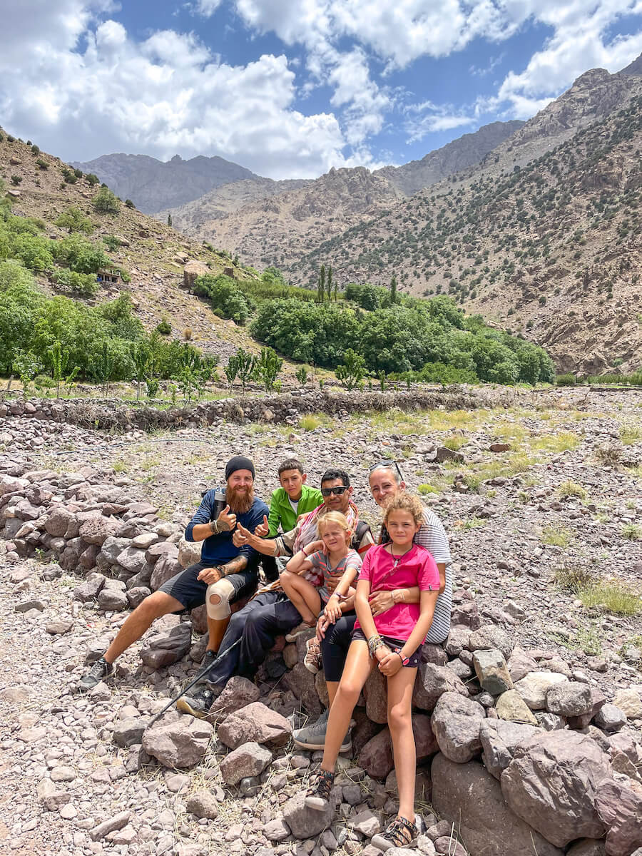 A family celebrate their hiking tour in the Atlas Mountains