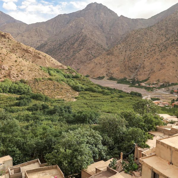 Views towards Toubkal Summit in the Atlas Mountain village of Aroumd - a popular trekking destination in Morocco