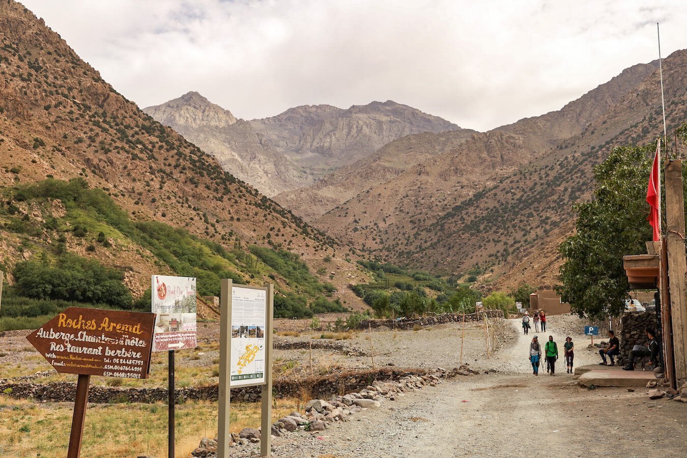 Trekkers return to base after summitting Mt Toubkal on their Atlas Mountain trekking expedition 