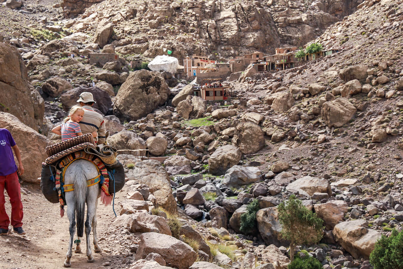 Tour guide rides a mule with a young child while trekking in the Atlas Mountain ranges of Morocco.