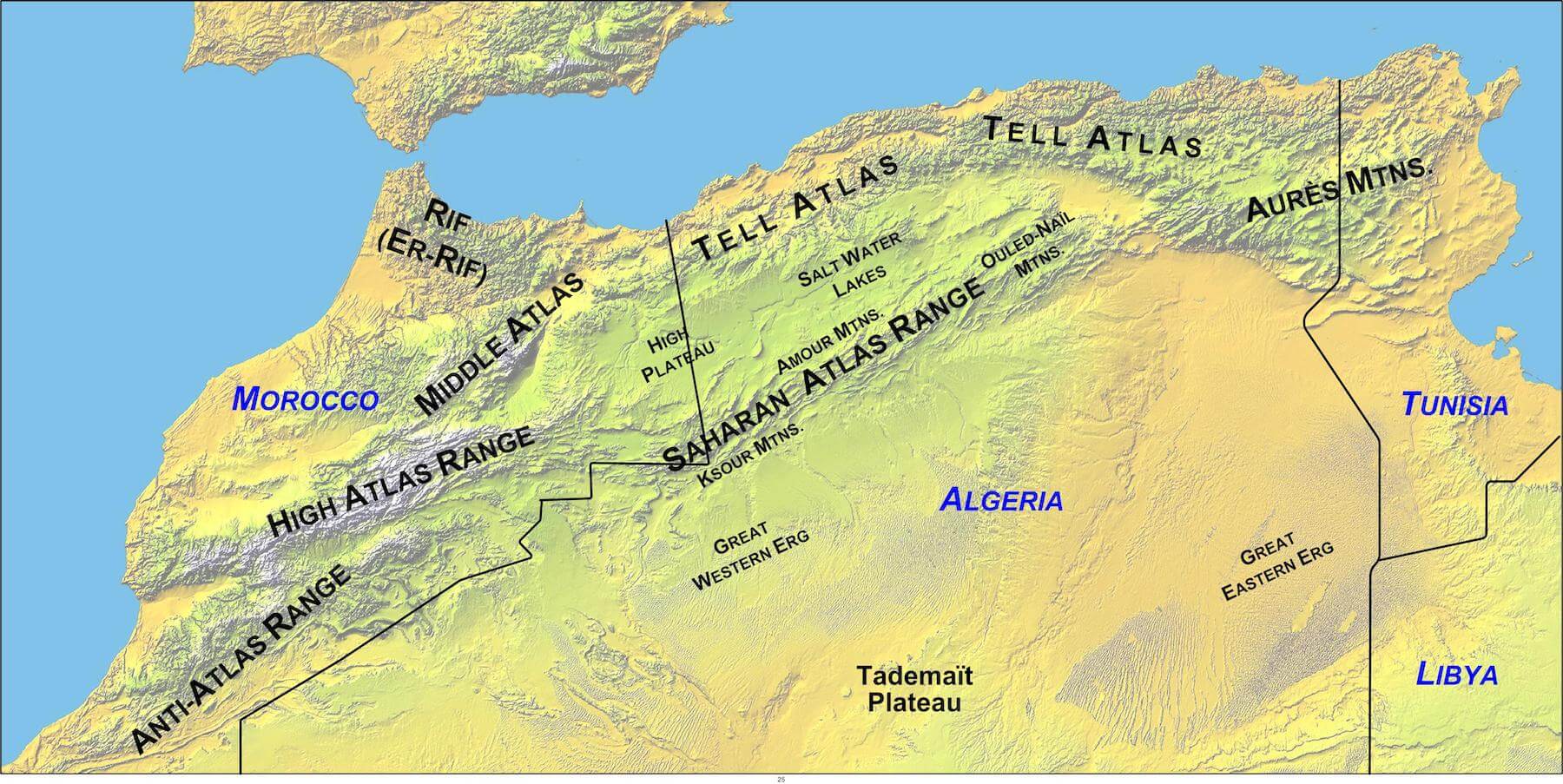 Map of the Atlas Mountain ranges across North Africa, including Morocco, Algeria and Tunisia