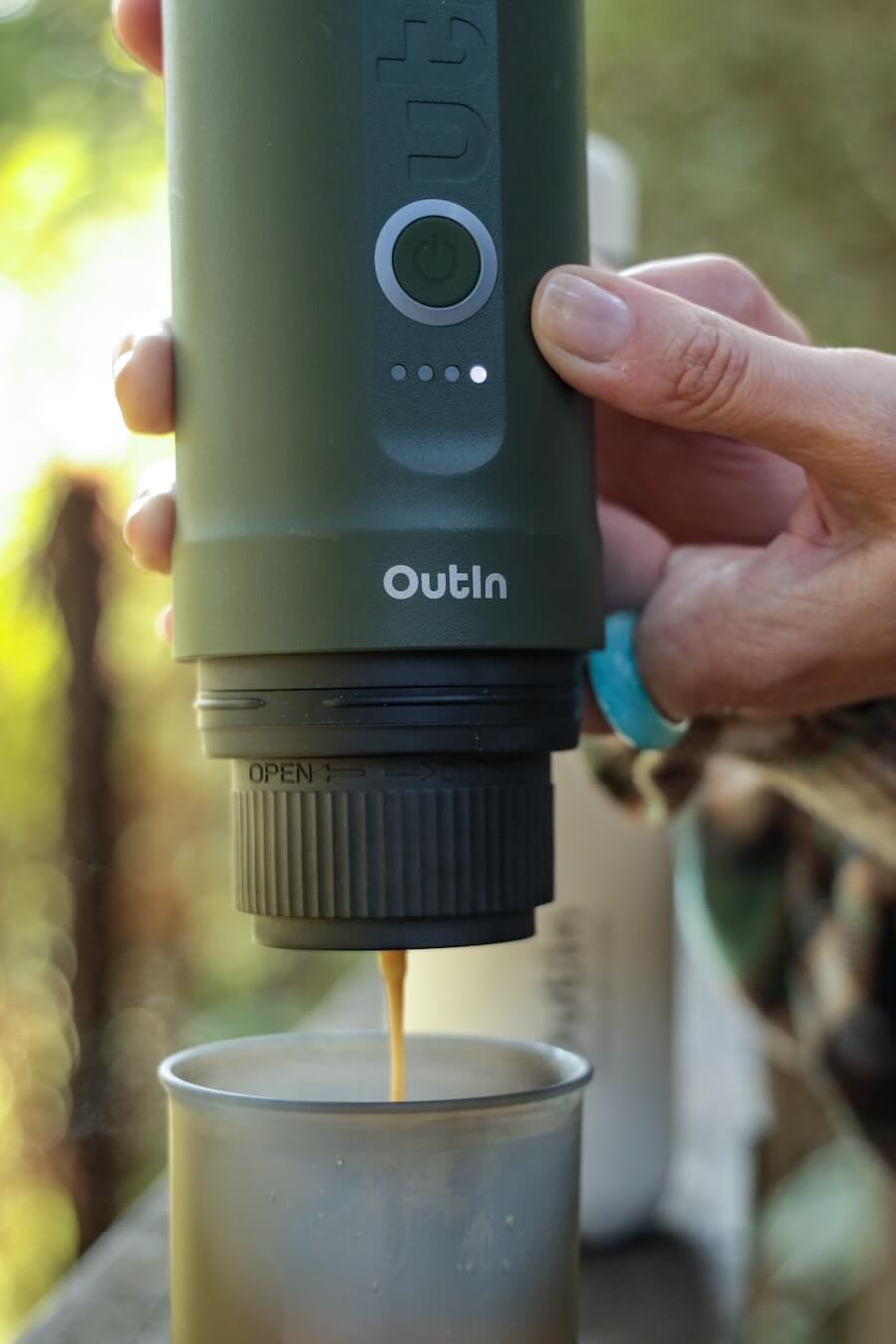 Automatic espresso machine heats water from cold while camping.