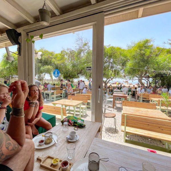 A family eat at Ocean Vagabond which is one of the best restaurants in Essaouira Morocco, in the distance the beach and a camel wait patiently.