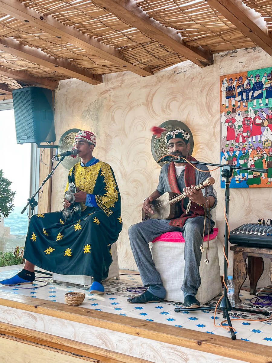 Gnaoua musicians play in Il Mare Restaurant in Essaouira