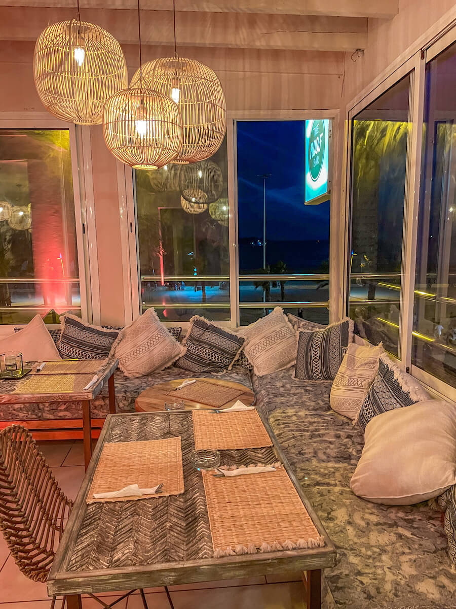 Comfortable indoor seats at the Roof Top Bar in Essaouira.