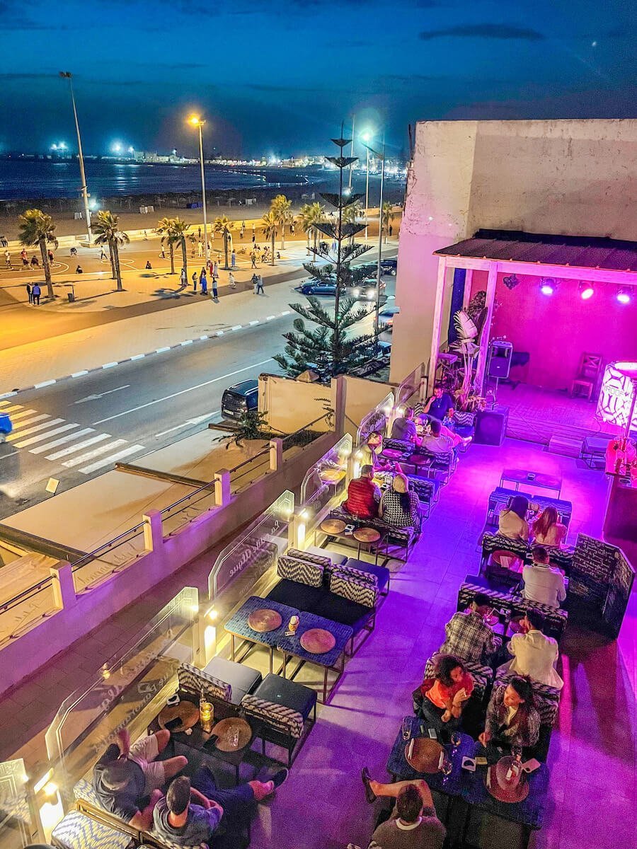 A night view over the tables at the Roof Top Bar in Essaouira.