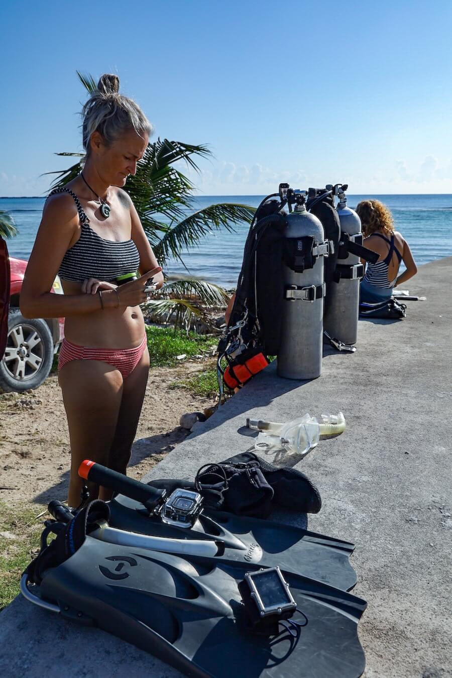 A woman gets ready for diving on a day trip from Bacalar to Mahahual