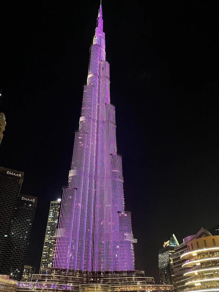 The tallest building in the world The Burj Khalifa at night. An icon to Dubai and one of the best places to visit on holiday