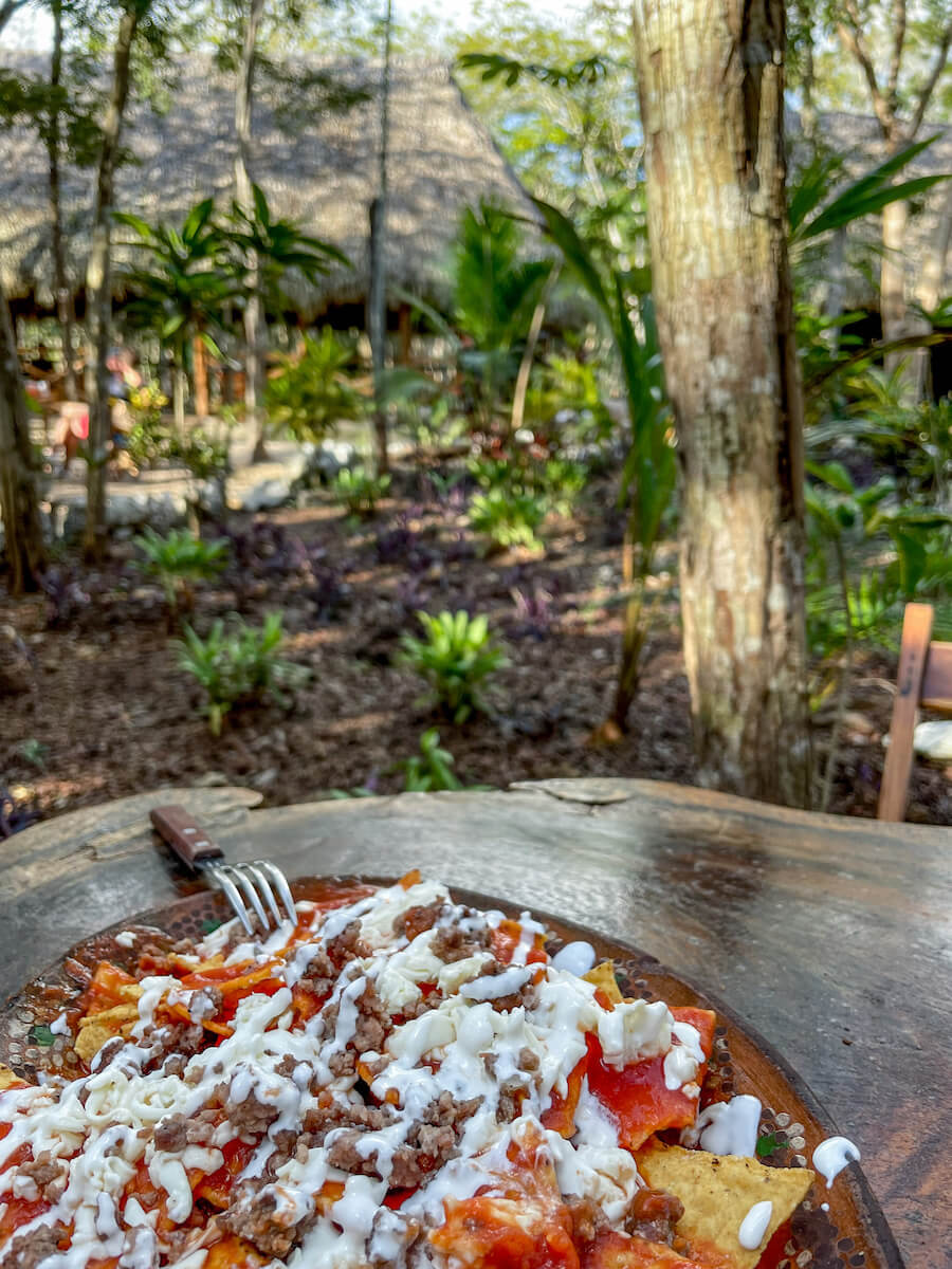 Chilaquiles served at the restaurant at Cenote Secreto Maya.