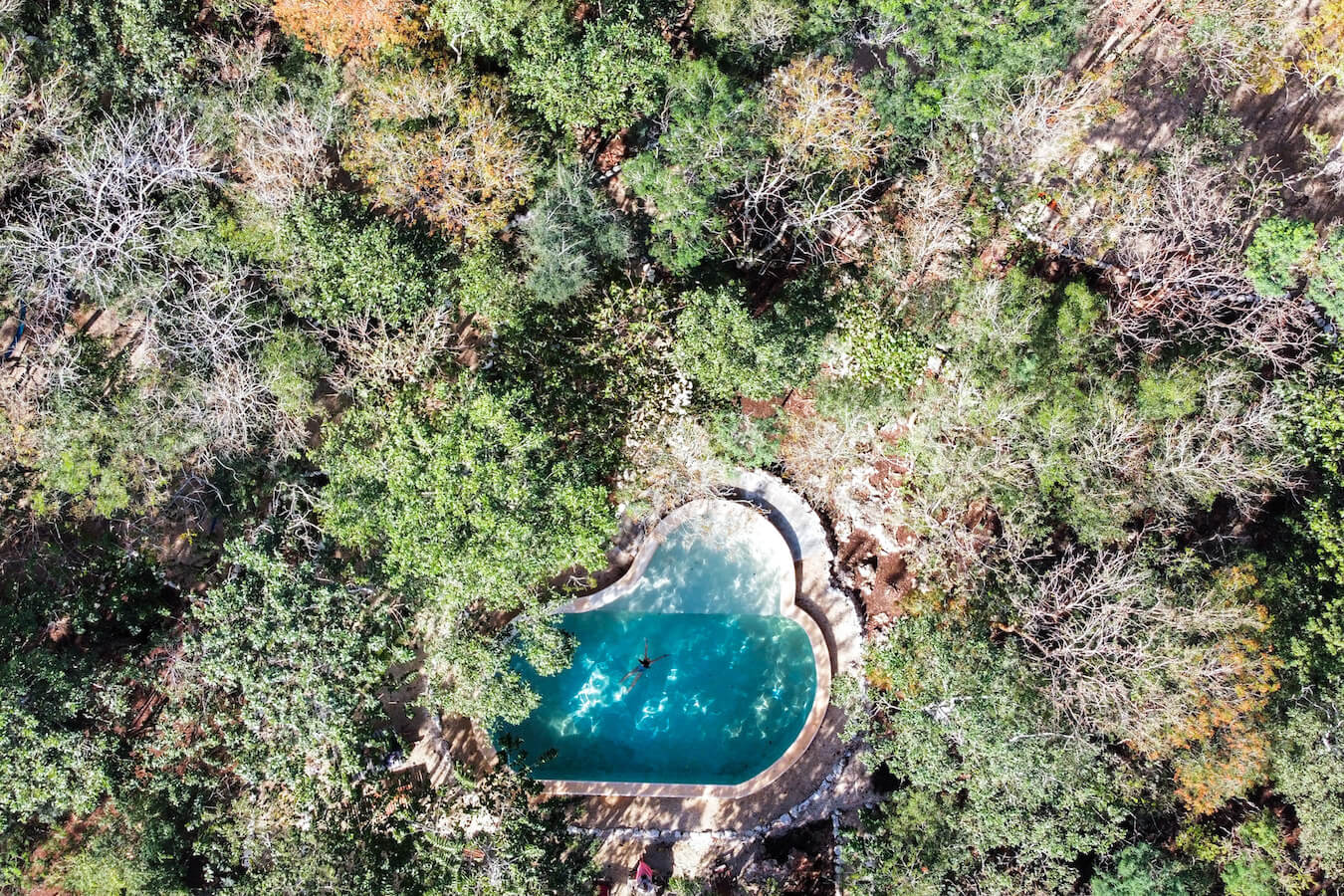 An image captured from a drone of a child swimming in the pool at Cenote Secreto Maya in the jungle near Valladolid.