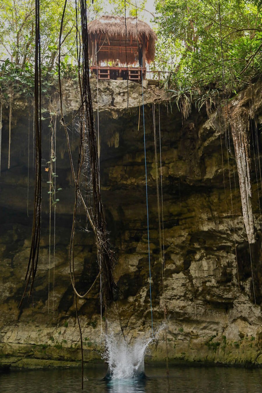 A man jumps into Secreto Maya Cenote near Valladolid, from the 22 meter jumping platform.