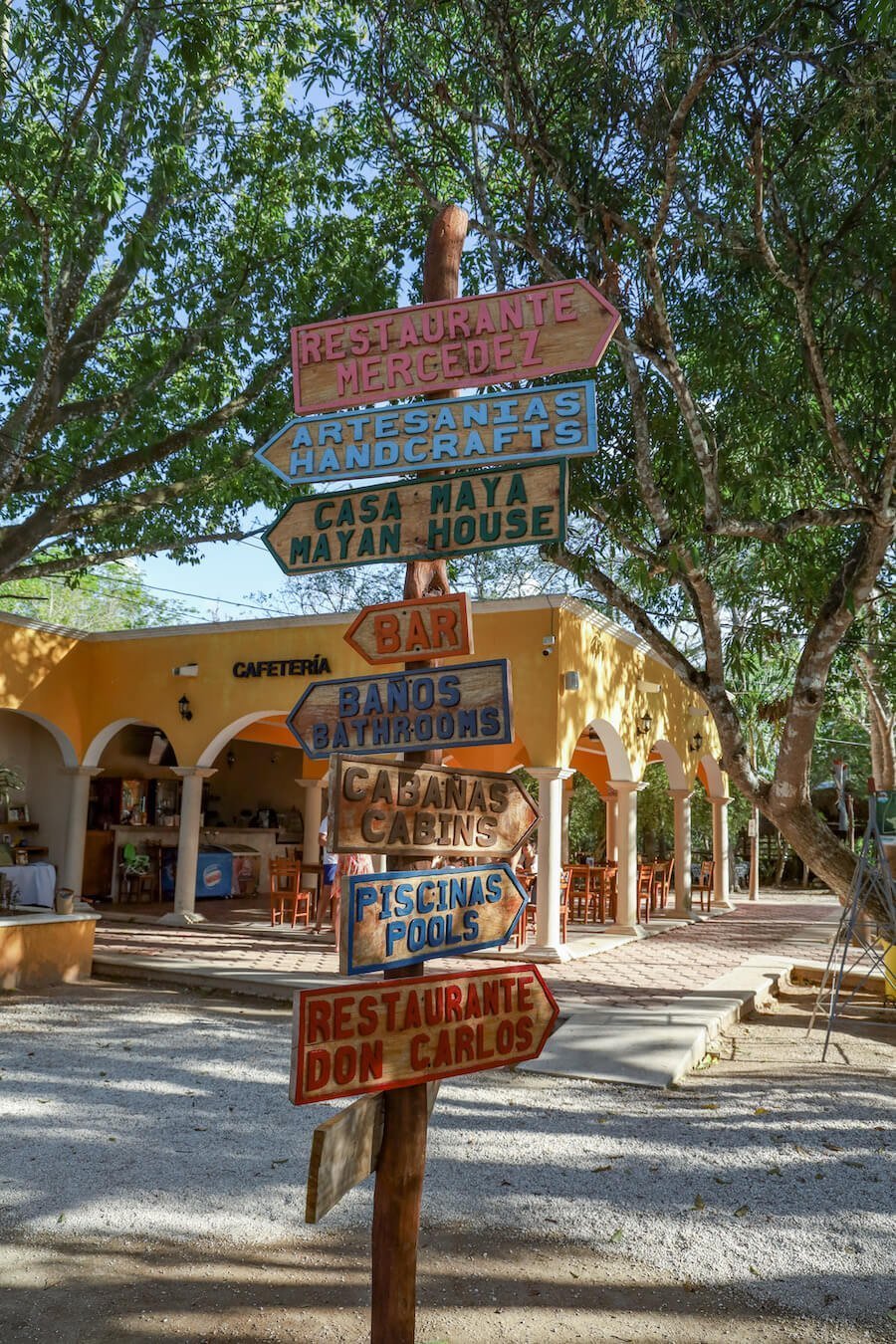Signs pointing towards the sights at a popular cenote complex in Valladolid.