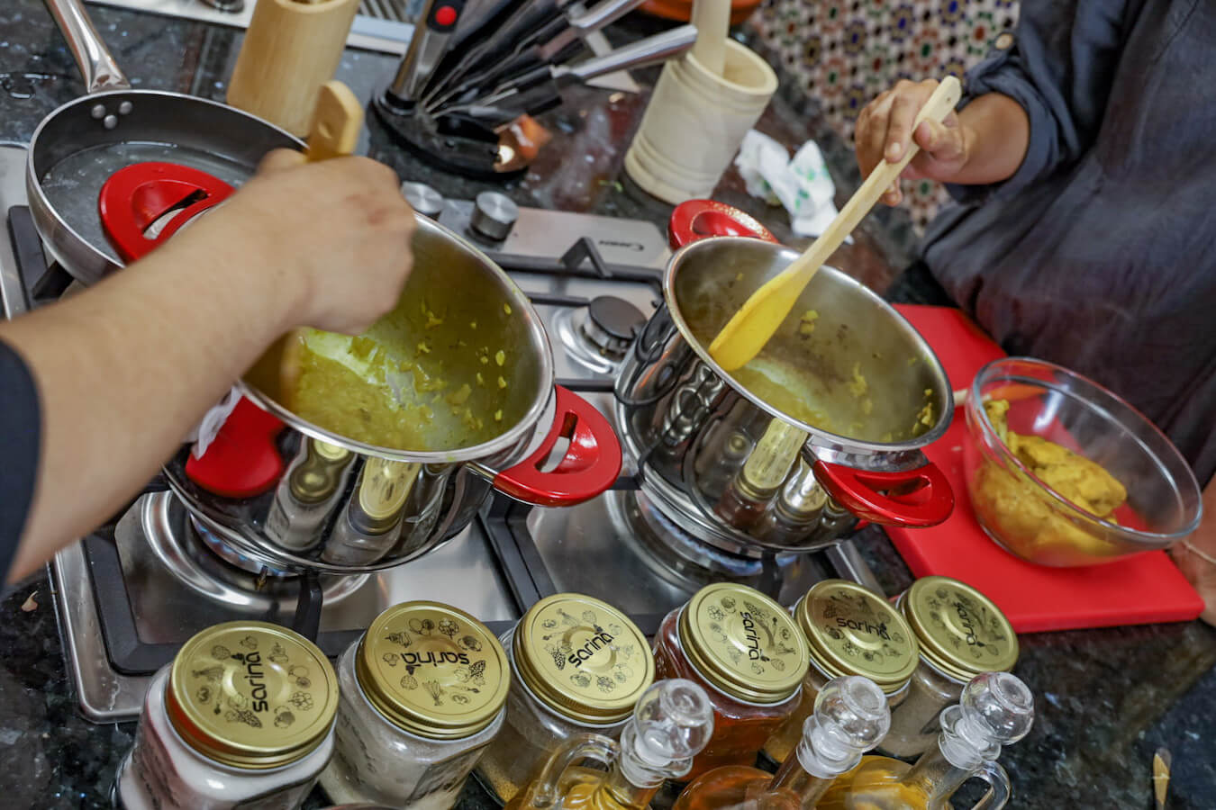 The well prepared kitchen in a cooking class in Fes, Morocco