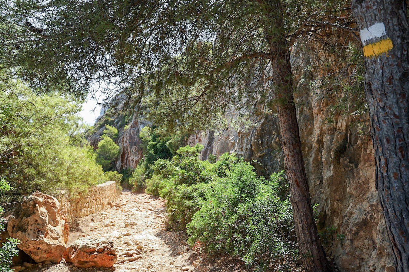 The yellow and white trail markers on the PR CV 355 trail in Montgo Natural Park