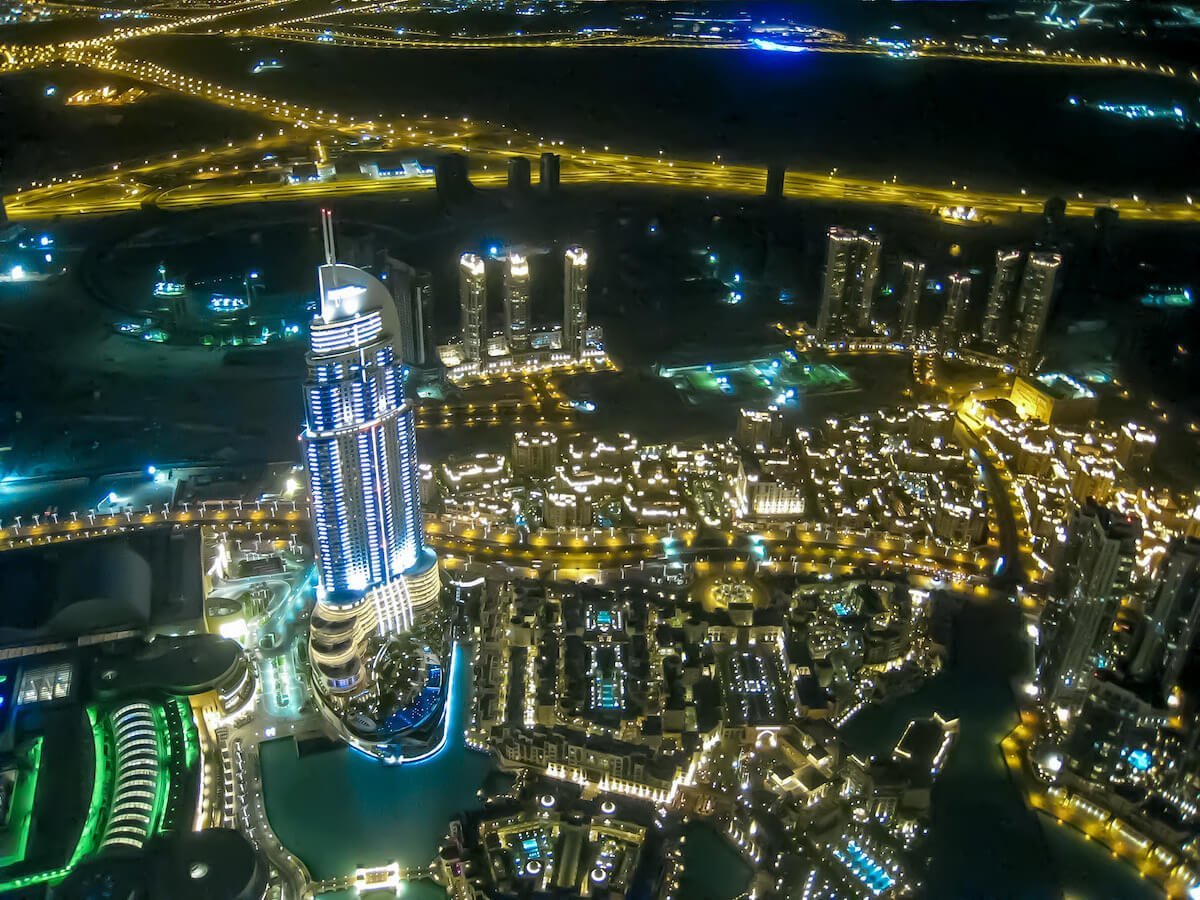 View from the Burj Khalifa towards the Dubai Mall fountain during the night