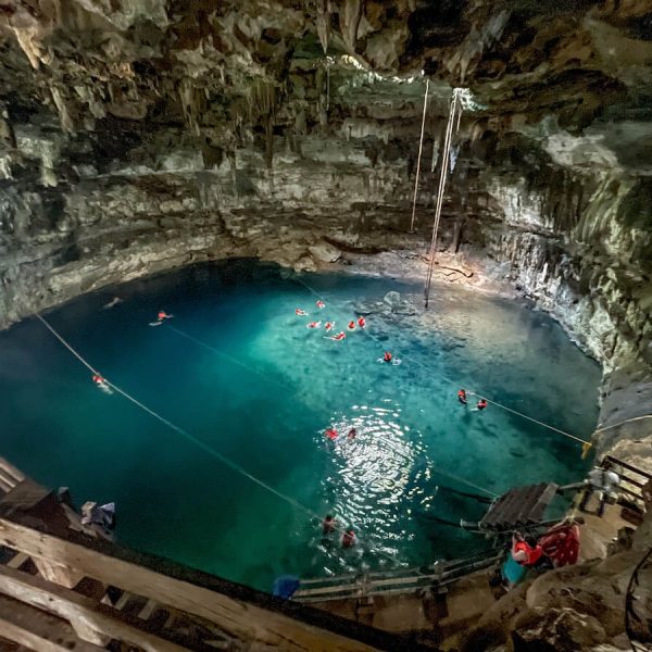 The turquoise waters of the Samula Cenote - one of two enclosed cave cenotes at Dzitnup in Valladolid, the other Xkeken is walking distance from this one.