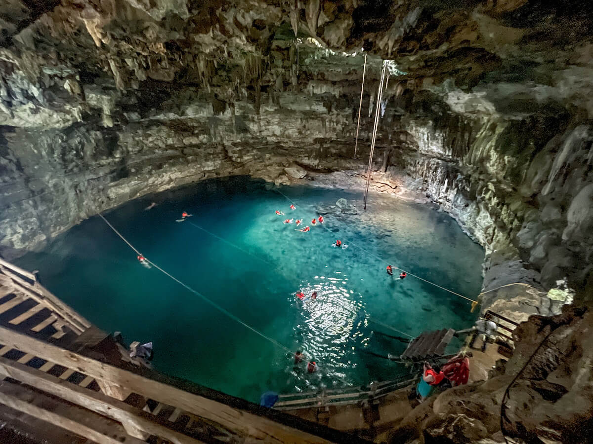 The turquoise waters of the Samula Cenote - one of two enclosed cave cenotes at Dzitnup in Valladolid, the other Xkeken is walking distance from this one.
