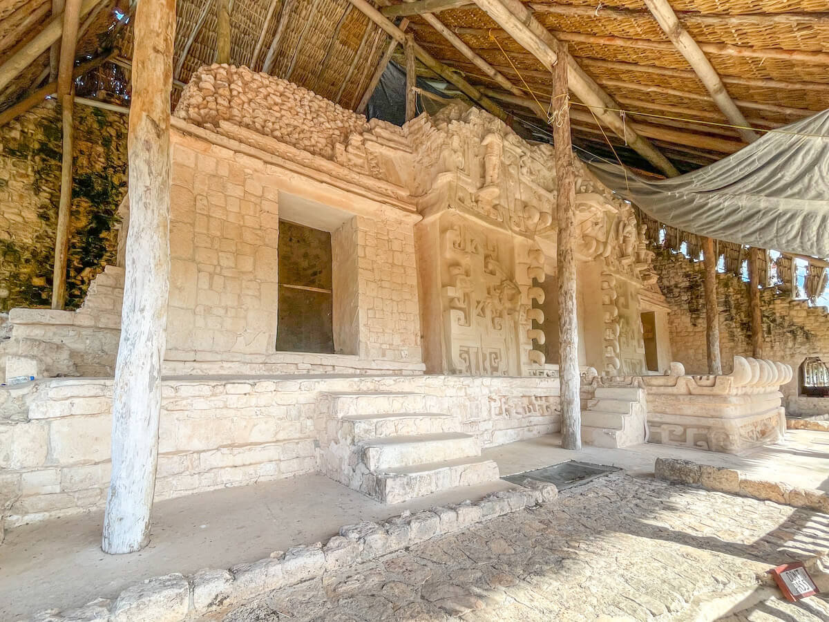 The Sak Xok Naah or White House of Reading on a self-guided tour at Ek' Balam ruins