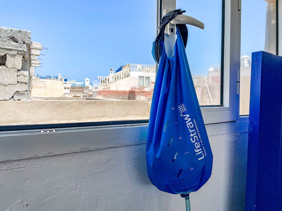 A Life Straw filter bag hanging in an Airbnb