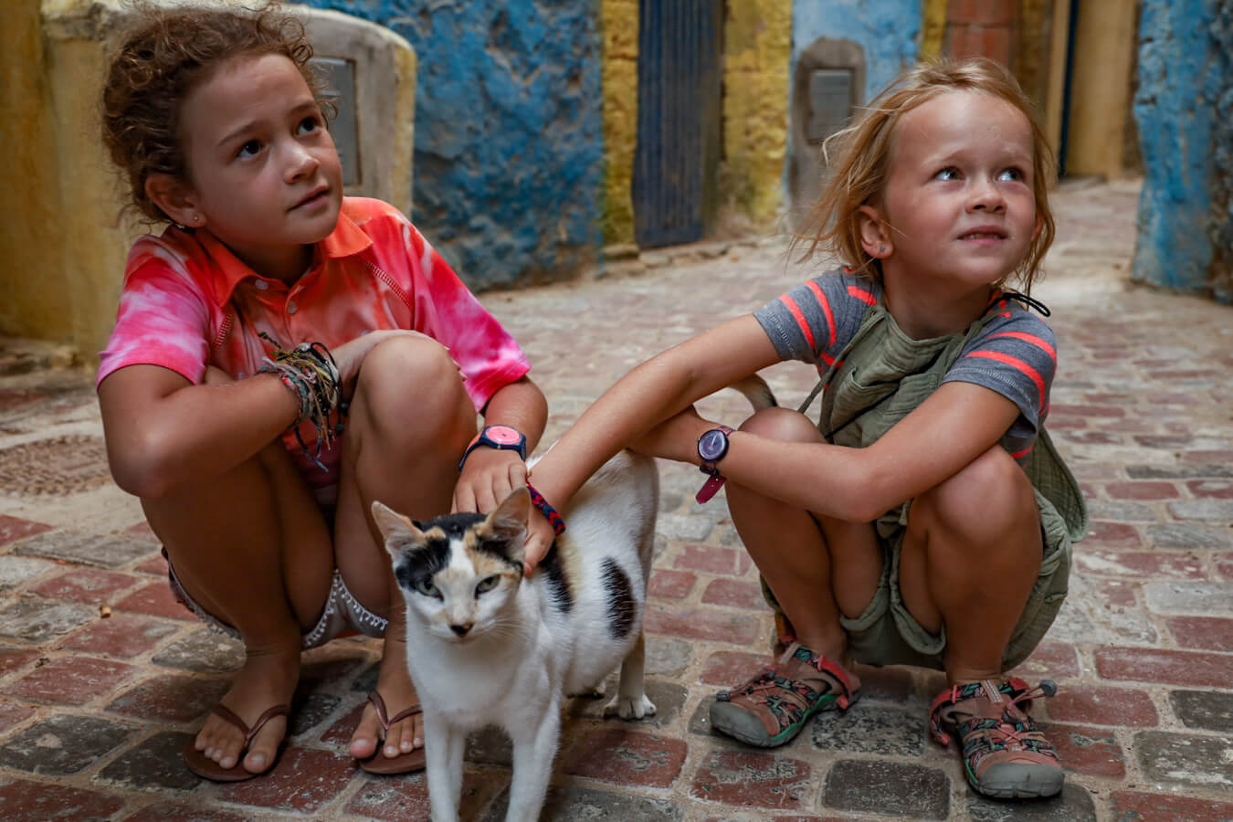 Two kids pat a cat in the Medina in Essaouira - travel guide