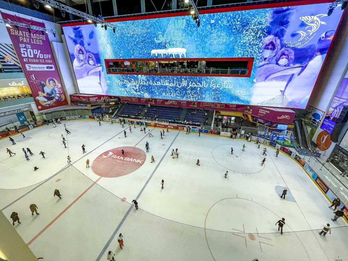 Dubai Mall ice rink in action as skaters take to the ice.