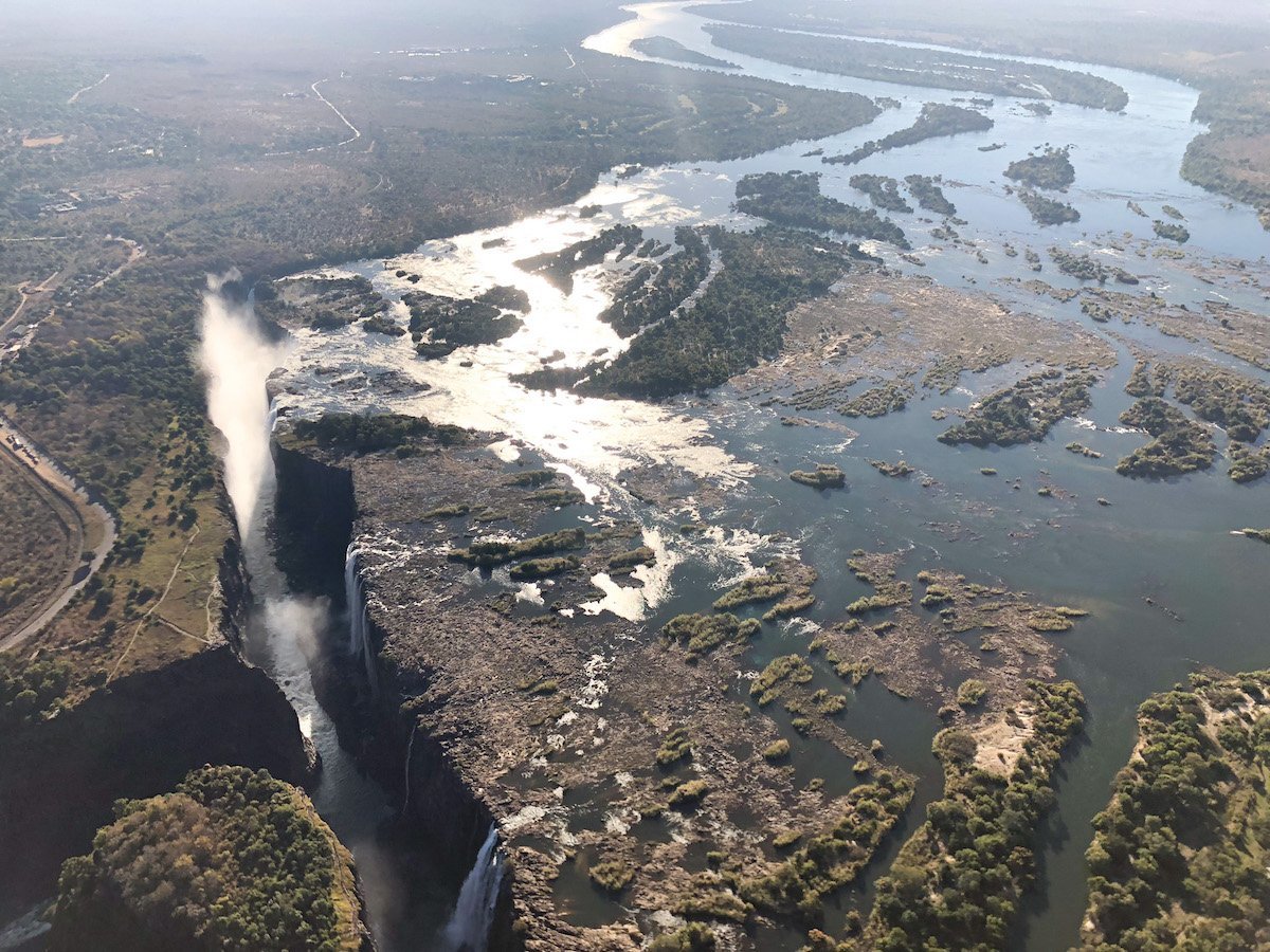 Overlooking the Zambezi River and Victoria Falls from a helicopter tour.