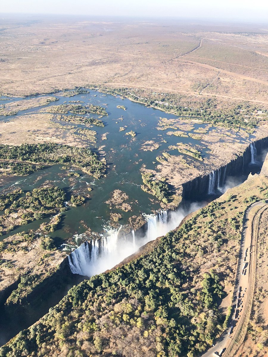 Overlooking the Zambezi River and Victoria Falls from a helicopter tour.