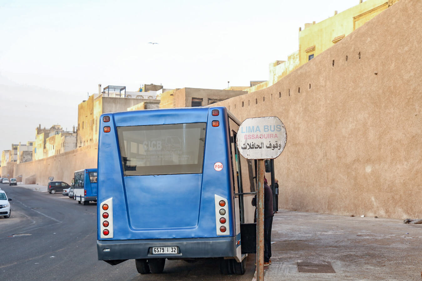 The Lima Bus for Sidi Kaouki waits at Bab Doukkala bus stop in Essaouira