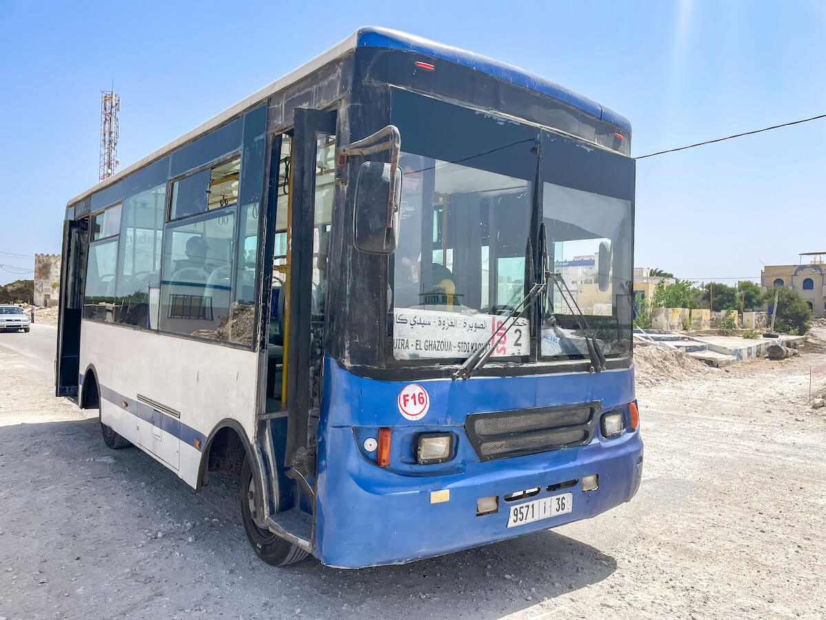 The Lima bus arrives at the Sidi Kaouki beach bus stop from Essaouira