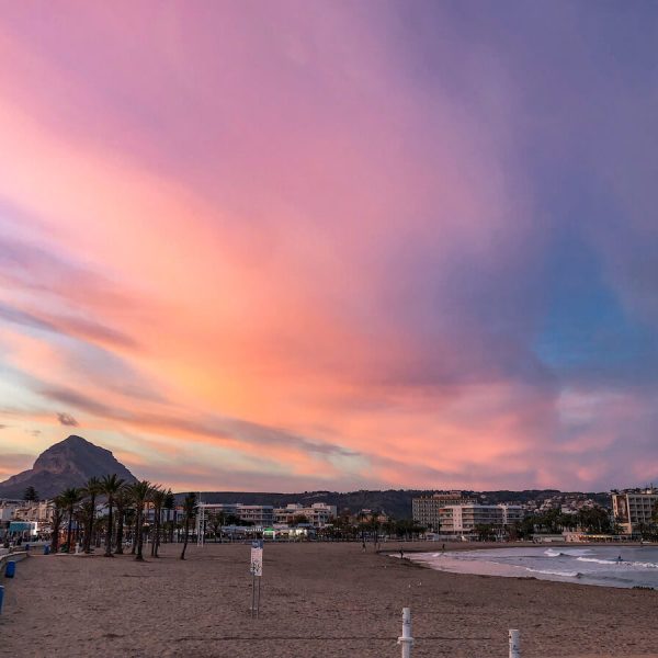Sunset at the Arenal beach also known as the main beach, is one of the best beaches in Javea, Spain.